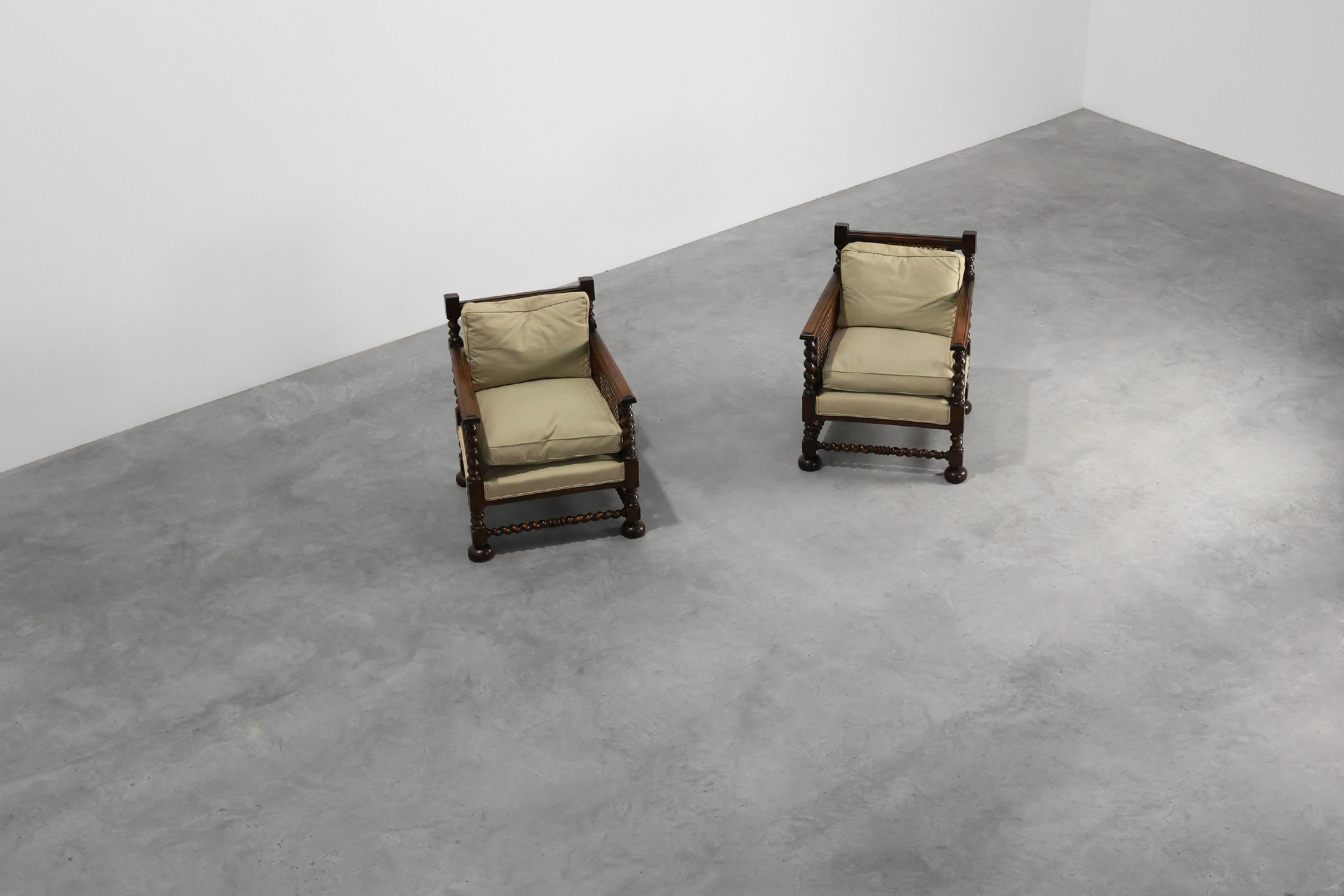 Pair of Antique English Oak and Rattan Armchairs with Twisted Details, UK ca. 1880thumbnail